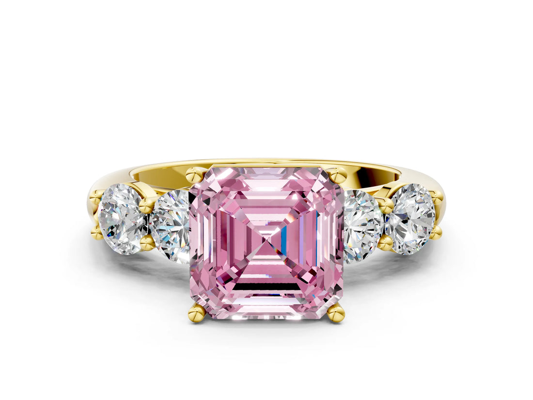 Yellow gold Fancy Pink Asscher  Cut Five-Stone Prong Set Diamond Ring with Classic Band_30