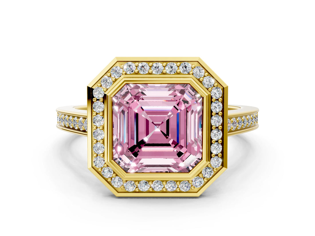 Yellow gold Fancy Pink Asscher Cut Halo Bezel Diamond Pave Band Ring