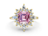 Yellow gold Fancy Pink Asscher Cut Halo Diamond Cluster Ring with Marquise and Round Stones on a White Gold Band with Prong Setting
