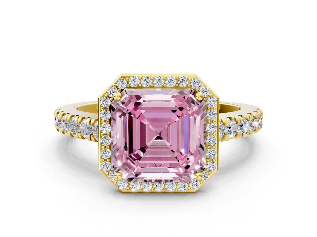 Yellow gold Fancy Pink Asscher  Cut Halo Diamond Engagement Ring with Pave Band and Four-Prong Setting_17