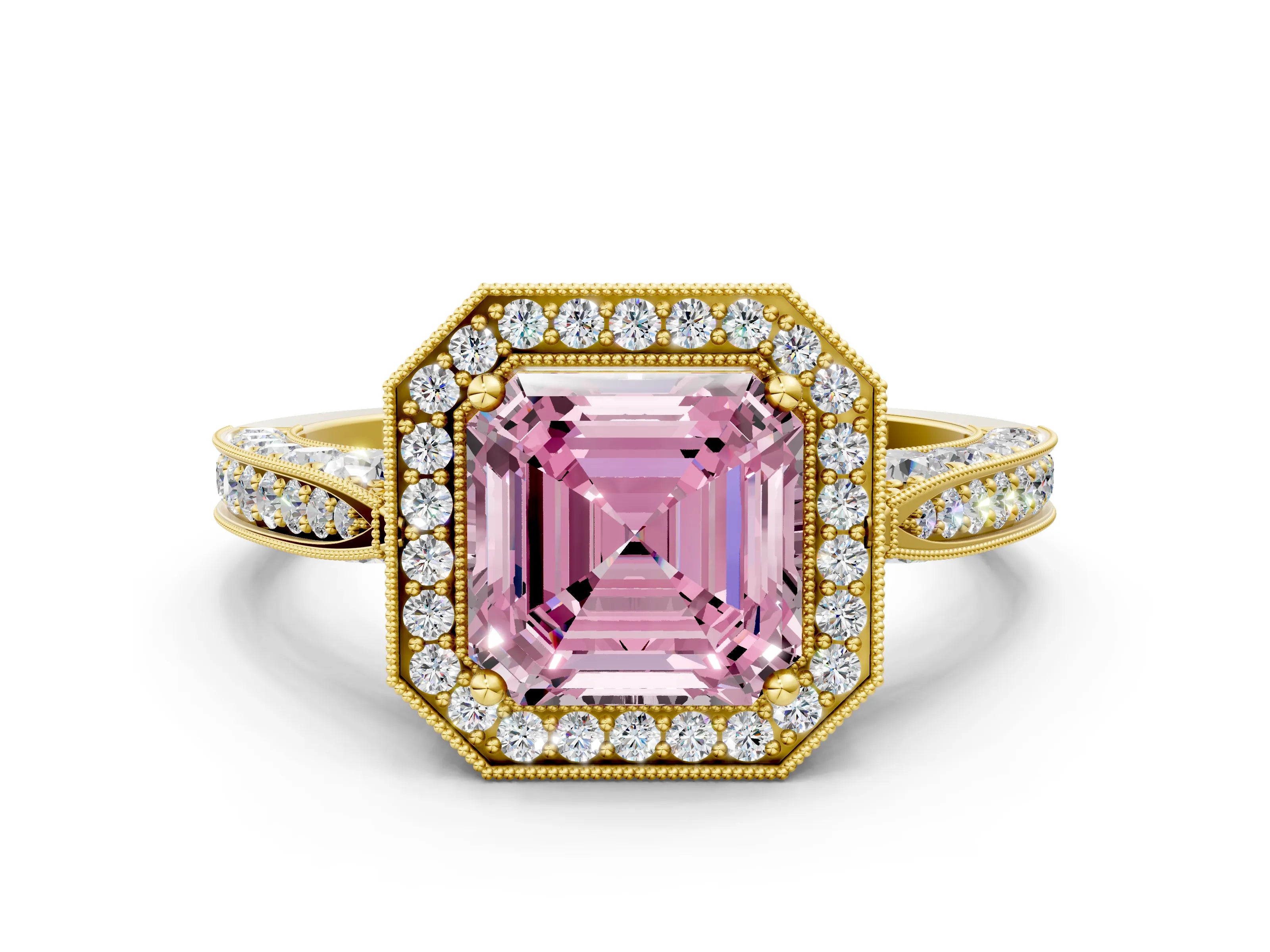 Yellow gold Fancy Pink Asscher Cut Halo Diamond Engagement Ring with Split Shank Band and Four-Prong Setting