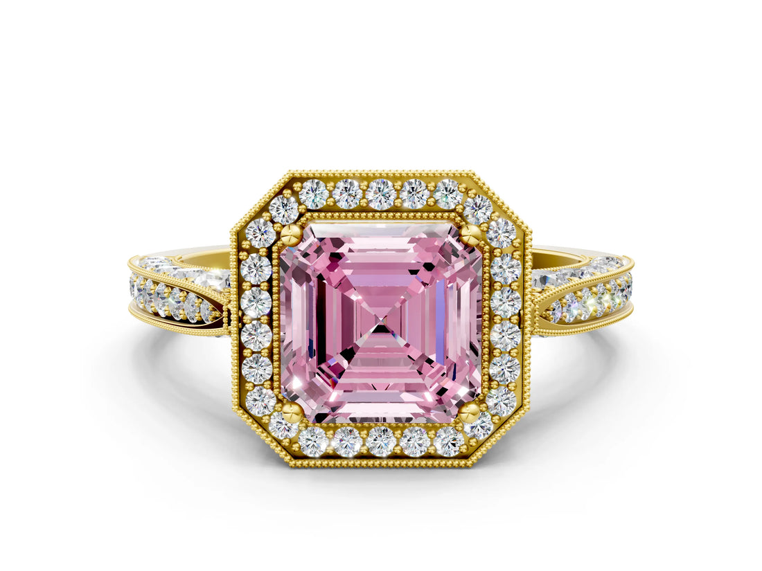 Yellow gold Fancy Pink Asscher Cut Halo Diamond Engagement Ring with Split Shank Band and Four-Prong Setting