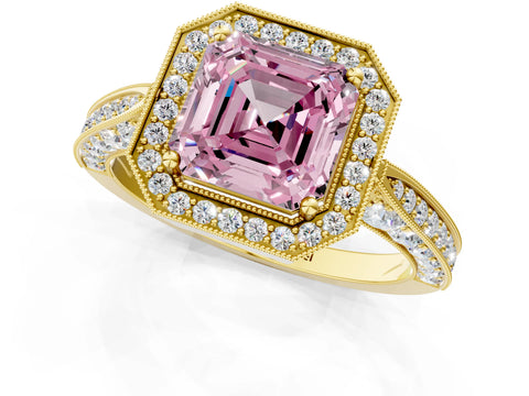 Yellow gold Fancy Pink Asscher Cut Halo Diamond Engagement Ring with Split Shank Band and Four-Prong Setting_1