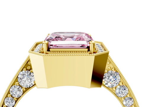 Yellow gold Fancy Pink Asscher Cut Halo Diamond Engagement Ring with Split Shank Band and Four-Prong Setting_4