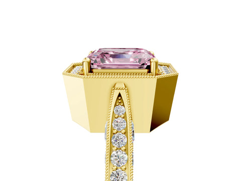Yellow gold Fancy Pink Asscher Cut Halo Diamond Engagement Ring with Split Shank Band and Four-Prong Setting_5