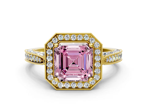 Yellow gold Fancy Pink Asscher Cut Halo Diamond Engagement Ring with Split Shank Band and Four-Prong Setting