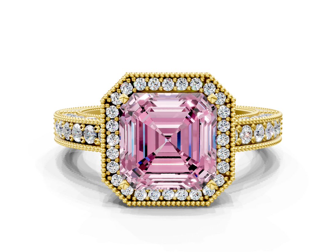 Yellow gold Fancy Pink Asscher  Cut Halo Diamond Pave Band Ring with Four-Prong Setting