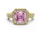 Yellow gold Fancy Pink Asscher  Cut Halo Diamond Pave Band Ring with Four-Prong Setting