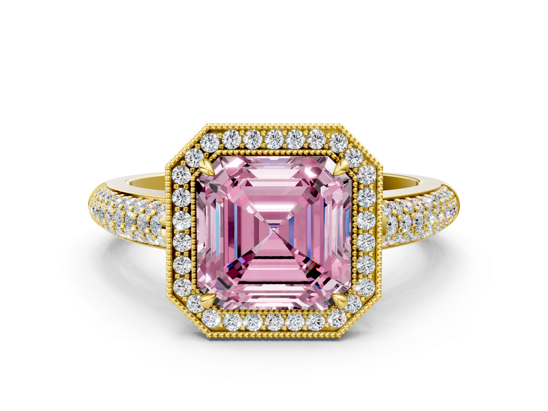 Yellow gold Fancy Pink Asscher  Cut Halo Diamond Pave Band with Four-Prong Setting_16