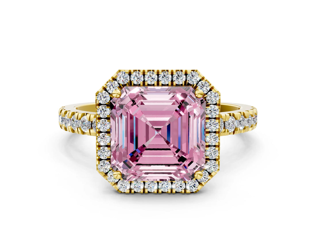 Yellow gold Fancy Pink Asscher Cut Halo Diamond Pave Band with Prong Setting
