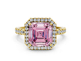 Yellow gold Fancy Pink Asscher Cut Halo Diamond Pave Band with Prong Setting