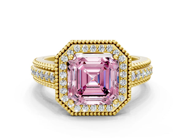 Yellow gold Fancy Pink Asscher Cut Halo Diamond Ring with Beaded Split Shank and Four-Prong Setting