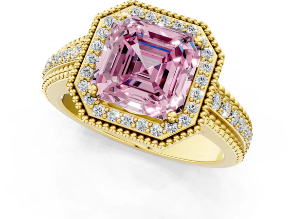 Yellow gold Fancy Pink Asscher Cut Halo Diamond Ring with Beaded Split Shank and Four-Prong Setting
