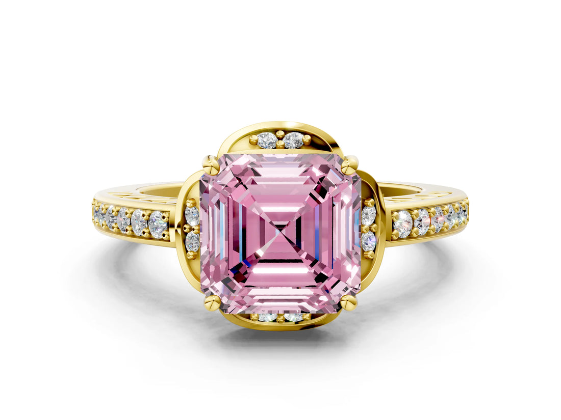 Yellow gold Fancy Pink Asscher  Cut Halo Diamond Ring with Channel Set Band and Four-Prong Setting_49