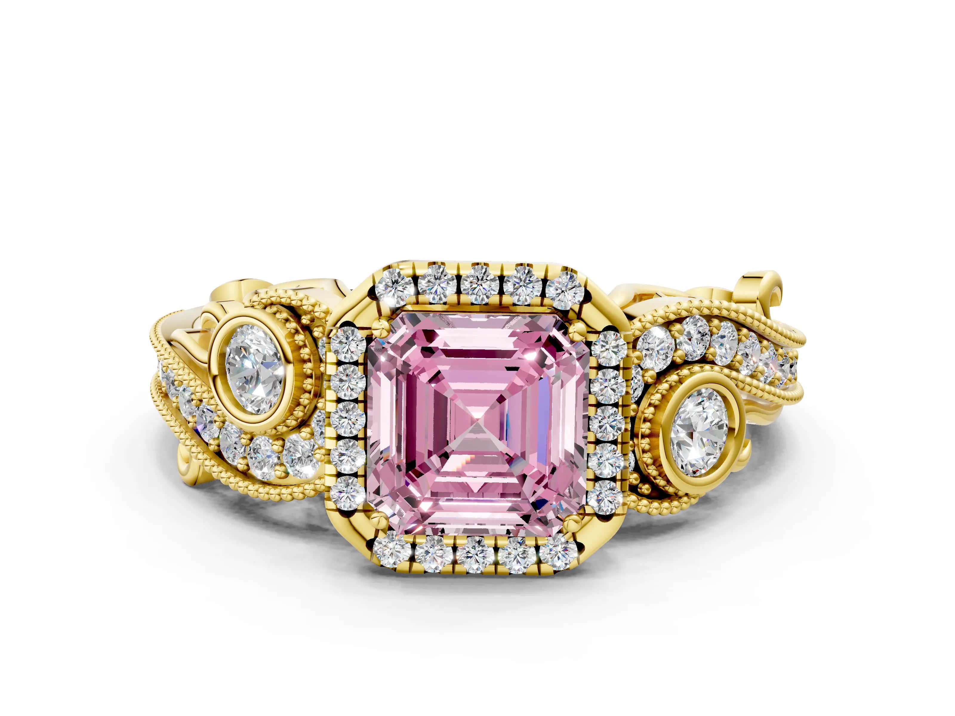 Yellow gold Fancy Pink Asscher Cut Halo Diamond Ring with Milgrain and Bezel Accents on a Split Shank Band