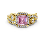 Yellow gold Fancy Pink Asscher Cut Halo Diamond Ring with Milgrain and Bezel Accents on a Split Shank Band_12