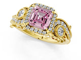 Yellow gold Fancy Pink Asscher Cut Halo Diamond Ring with Milgrain and Bezel Accents on a Split Shank Band_13