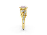 Yellow gold Fancy Pink Asscher Cut Halo Diamond Ring with Milgrain and Bezel Accents on a Split Shank Band_14