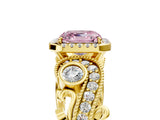 Yellow gold Fancy Pink Asscher Cut Halo Diamond Ring with Milgrain and Bezel Accents on a Split Shank Band_17