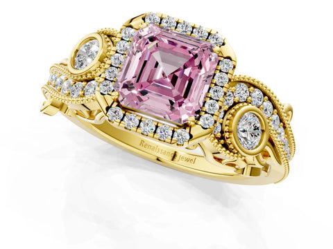 Yellow gold Fancy Pink Asscher Cut Halo Diamond Ring with Milgrain and Bezel Accents on a Split Shank Band_1