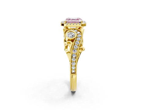 Yellow gold Fancy Pink Asscher Cut Halo Diamond Ring with Milgrain and Bezel Accents on a Split Shank Band_2