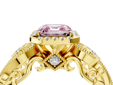 Yellow gold Fancy Pink Asscher Cut Halo Diamond Ring with Milgrain and Bezel Accents on a Split Shank Band_4