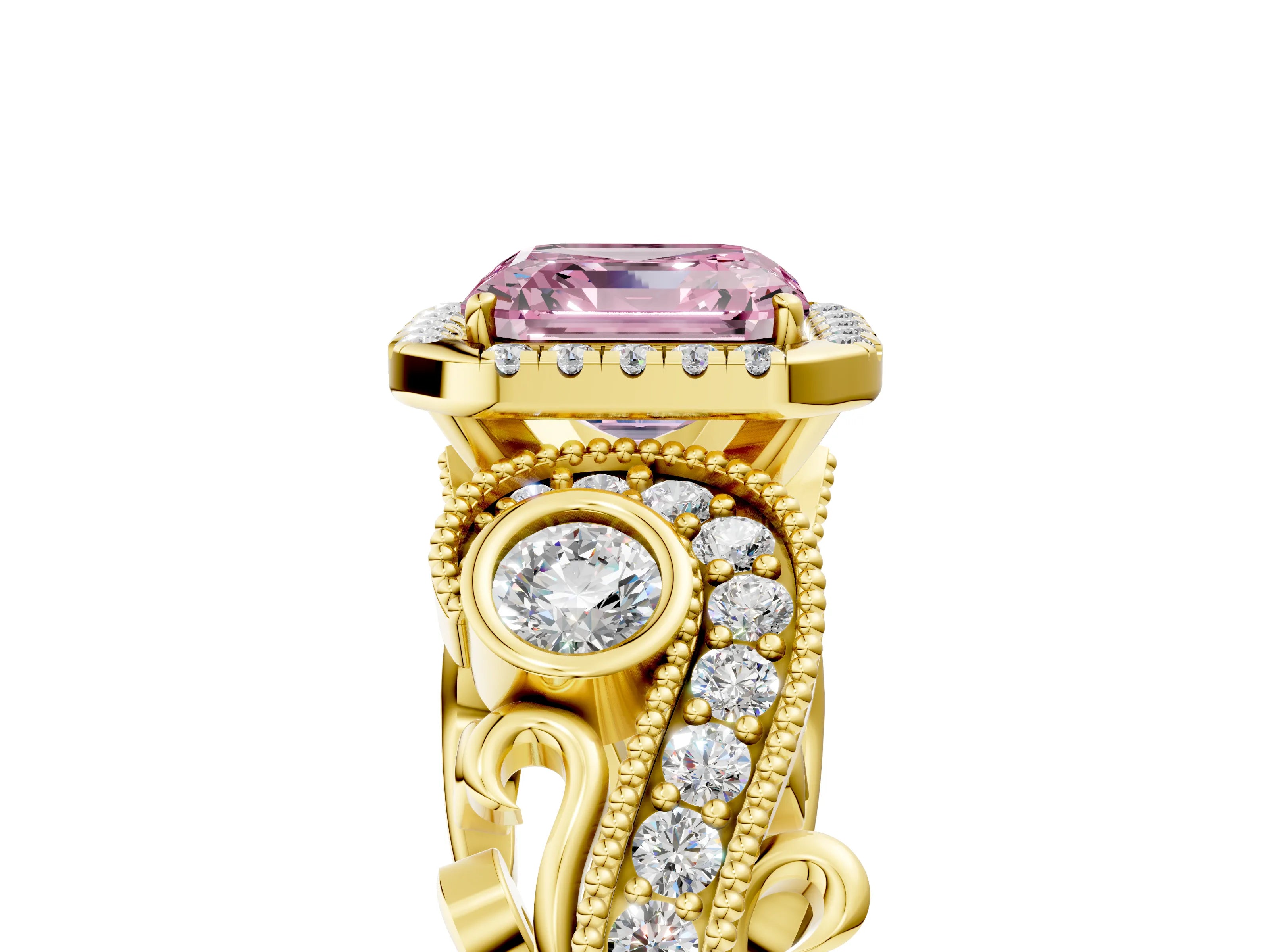 Yellow gold Fancy Pink Asscher Cut Halo Diamond Ring with Milgrain and Bezel Accents on a Split Shank Band_5