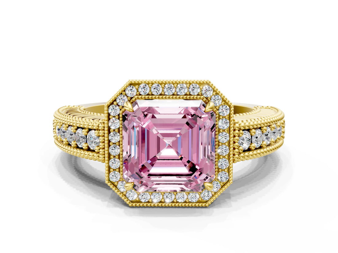 Yellow gold Fancy Pink Asscher  Cut Halo Diamond Ring with Pavé Band and Four-Prong Setting_28