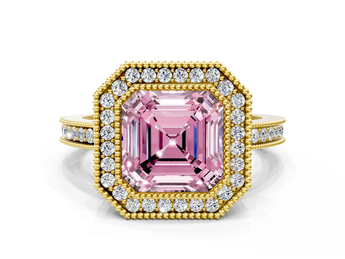 Yellow gold Fancy Pink Asscher  Cut Halo Diamond Ring with Pavé Band and Milgrain Prong Setting_50