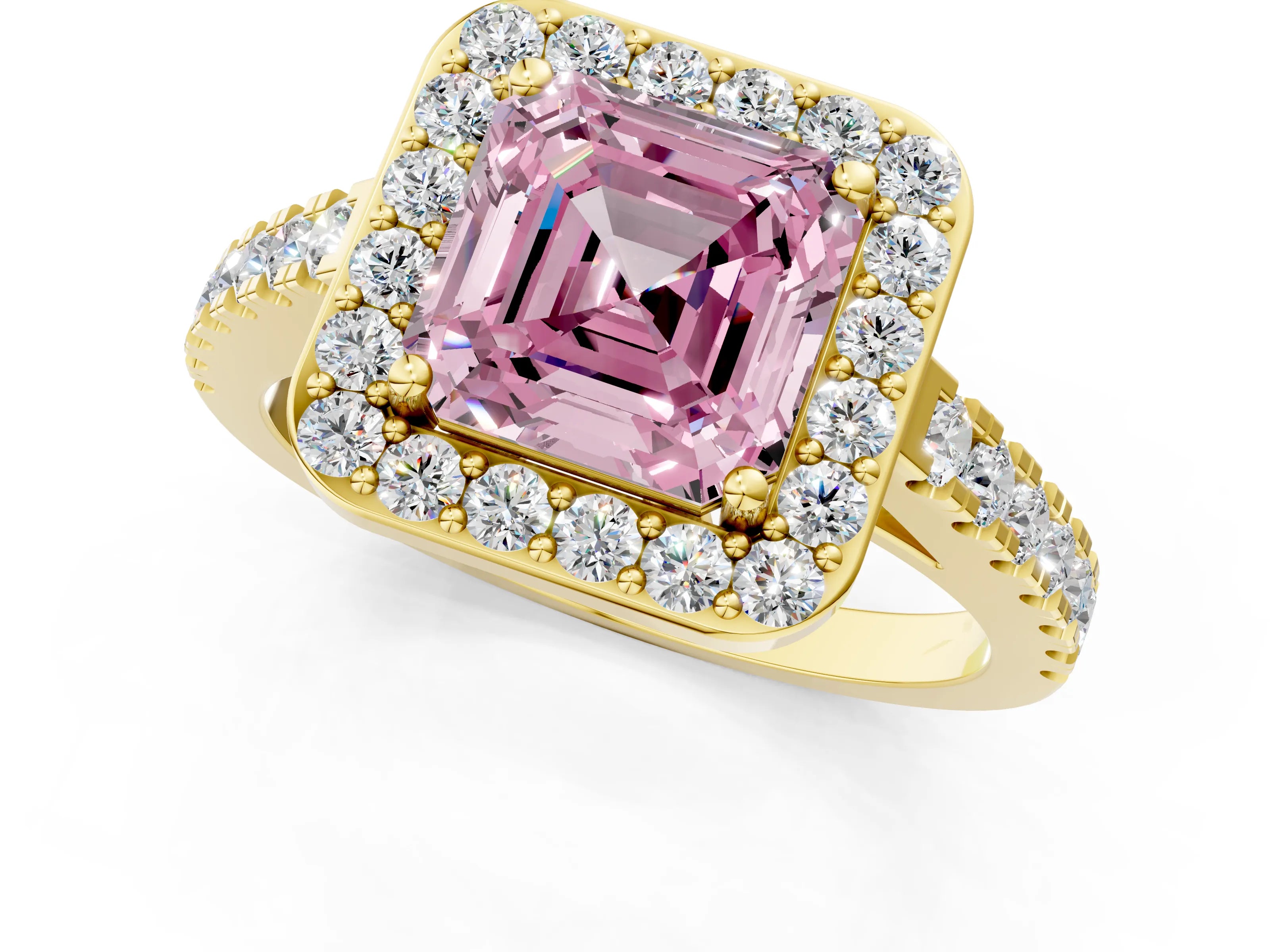 Yellow gold Fancy Pink Asscher Cut Halo Diamond Ring with Pavé Band and Three-Prong Setting_1