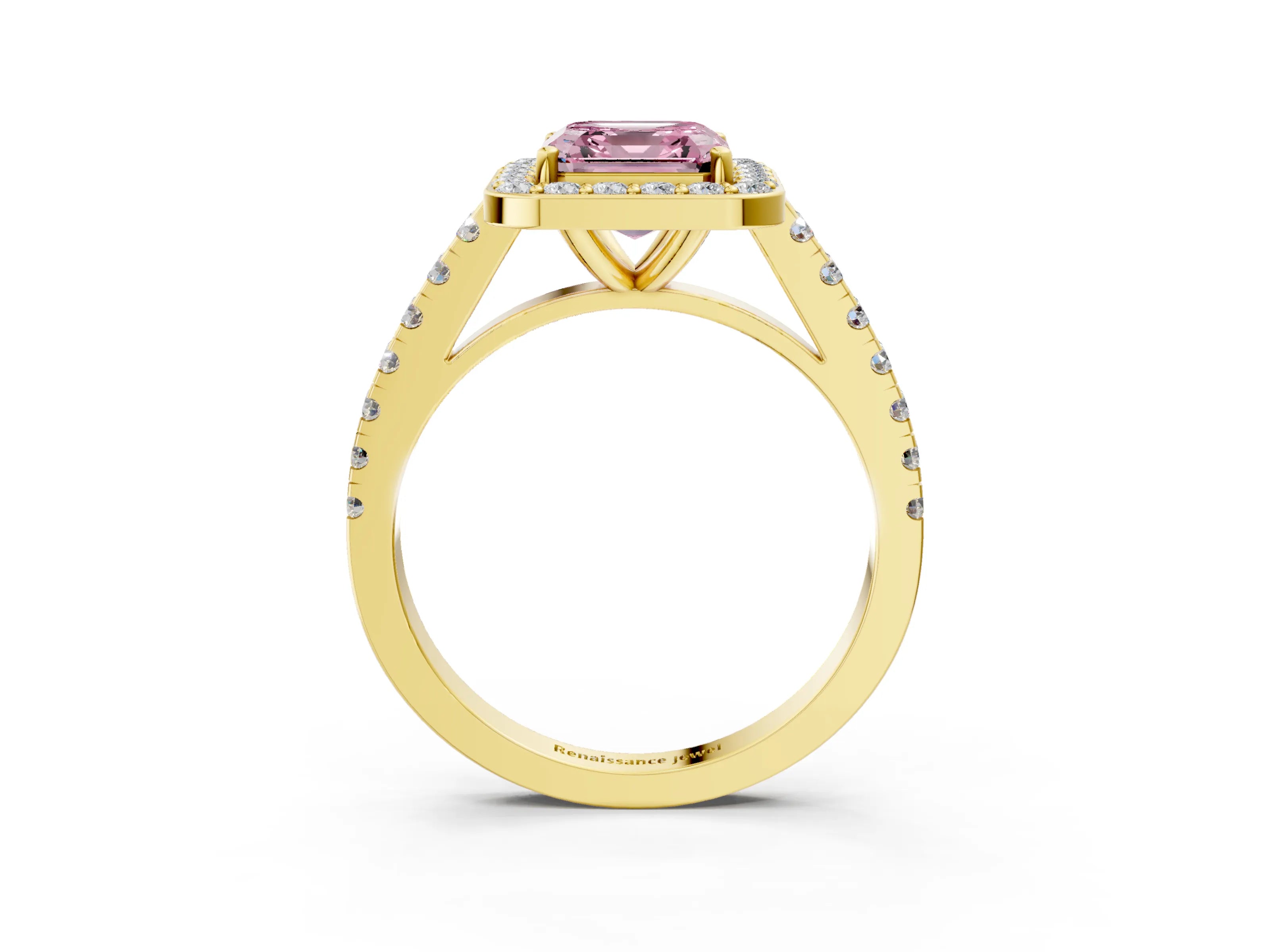 Yellow gold Fancy Pink Asscher Cut Halo Diamond Ring with Pavé Band and Three-Prong Setting_3