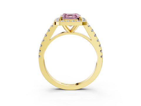 Yellow gold Fancy Pink Asscher Cut Halo Diamond Ring with Pavé Band and Three-Prong Setting_3
