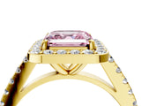 Yellow gold Fancy Pink Asscher Cut Halo Diamond Ring with Pavé Band and Three-Prong Setting_4
