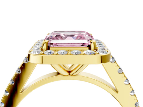 Yellow gold Fancy Pink Asscher Cut Halo Diamond Ring with Pavé Band and Three-Prong Setting_4