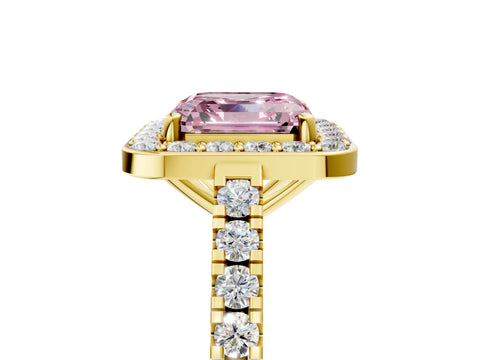 Yellow gold Fancy Pink Asscher Cut Halo Diamond Ring with Pavé Band and Three-Prong Setting_5