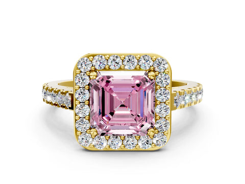 Yellow gold Fancy Pink Asscher Cut Halo Diamond Ring with Pavé Band and Three-Prong Setting