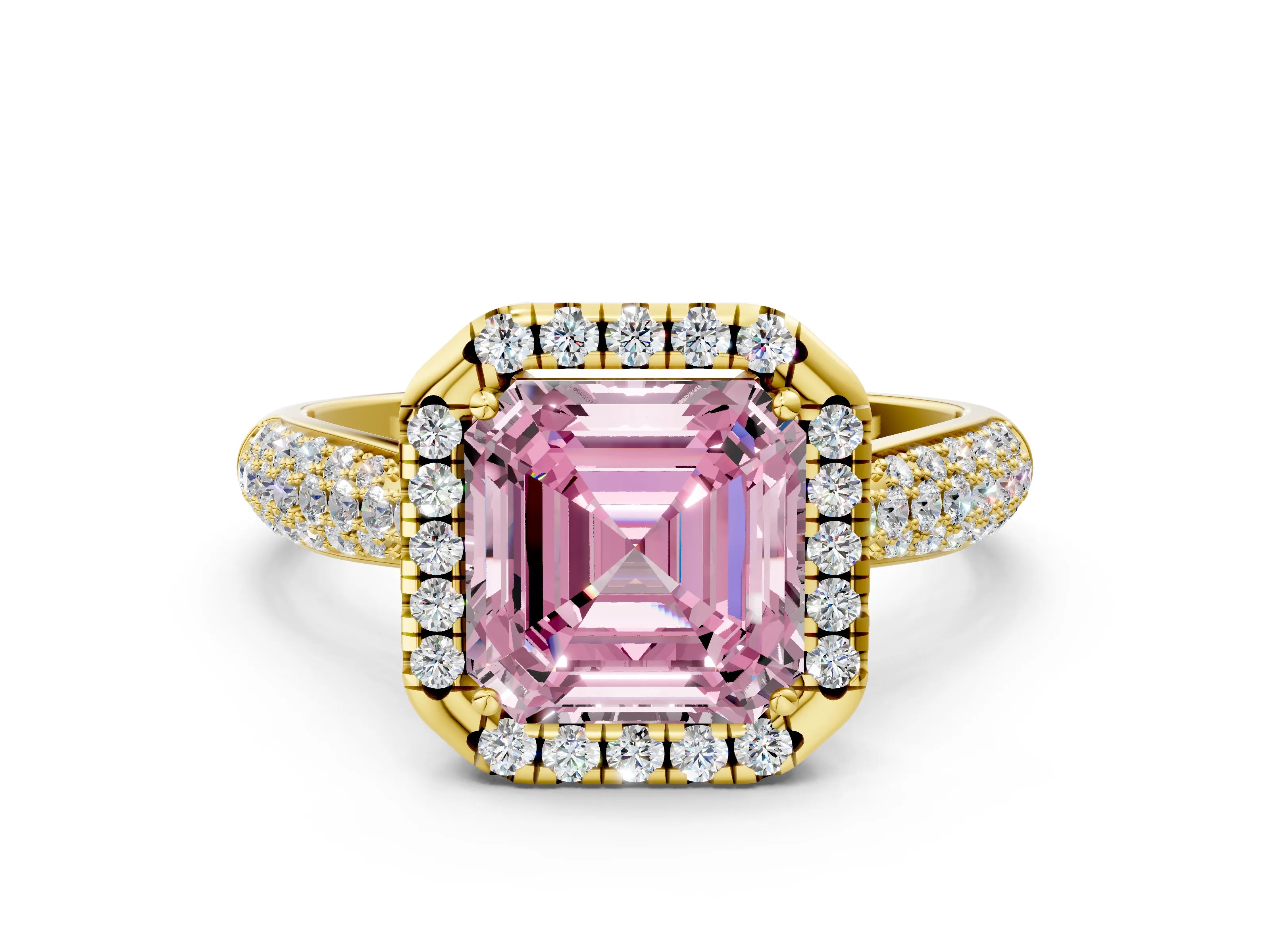 Yellow gold Fancy Pink Asscher Cut Halo Diamond Ring with Pavé Band