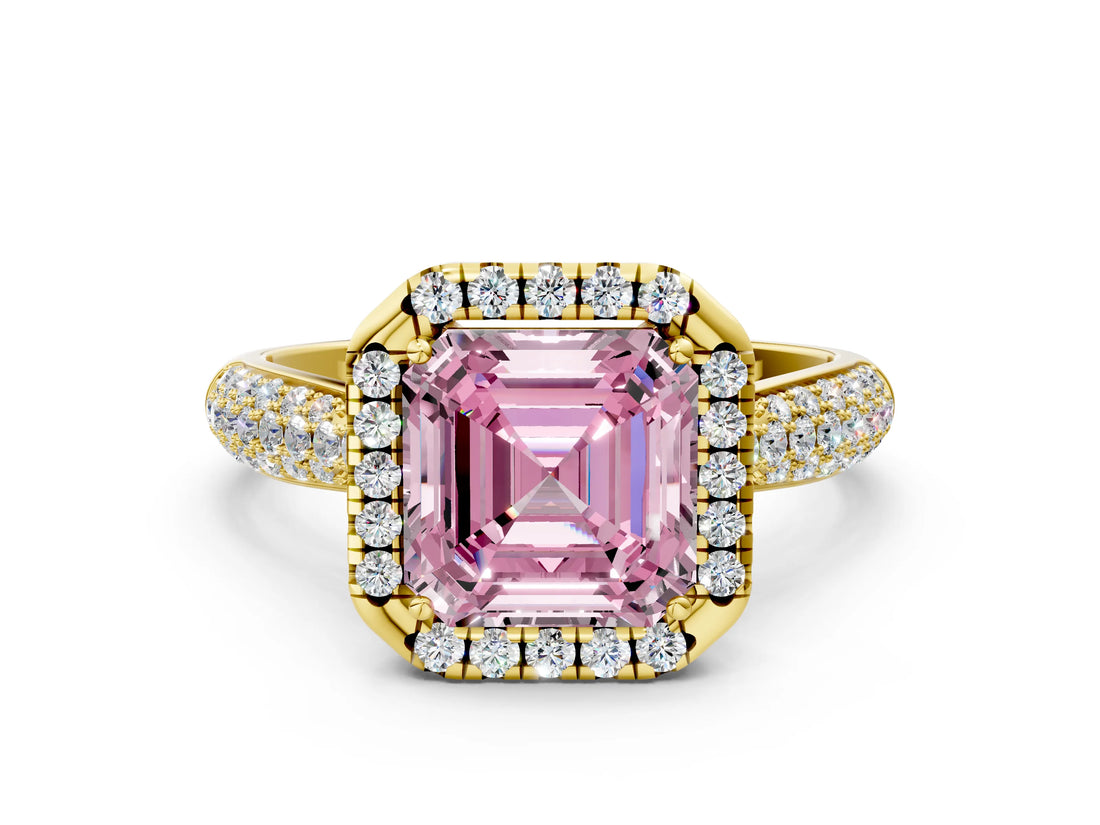 Yellow gold Fancy Pink Asscher Cut Halo Diamond Ring with Pavé Band