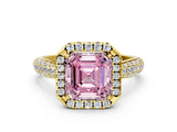 Yellow gold Fancy Pink Asscher Cut Halo Diamond Ring with Pavé Band