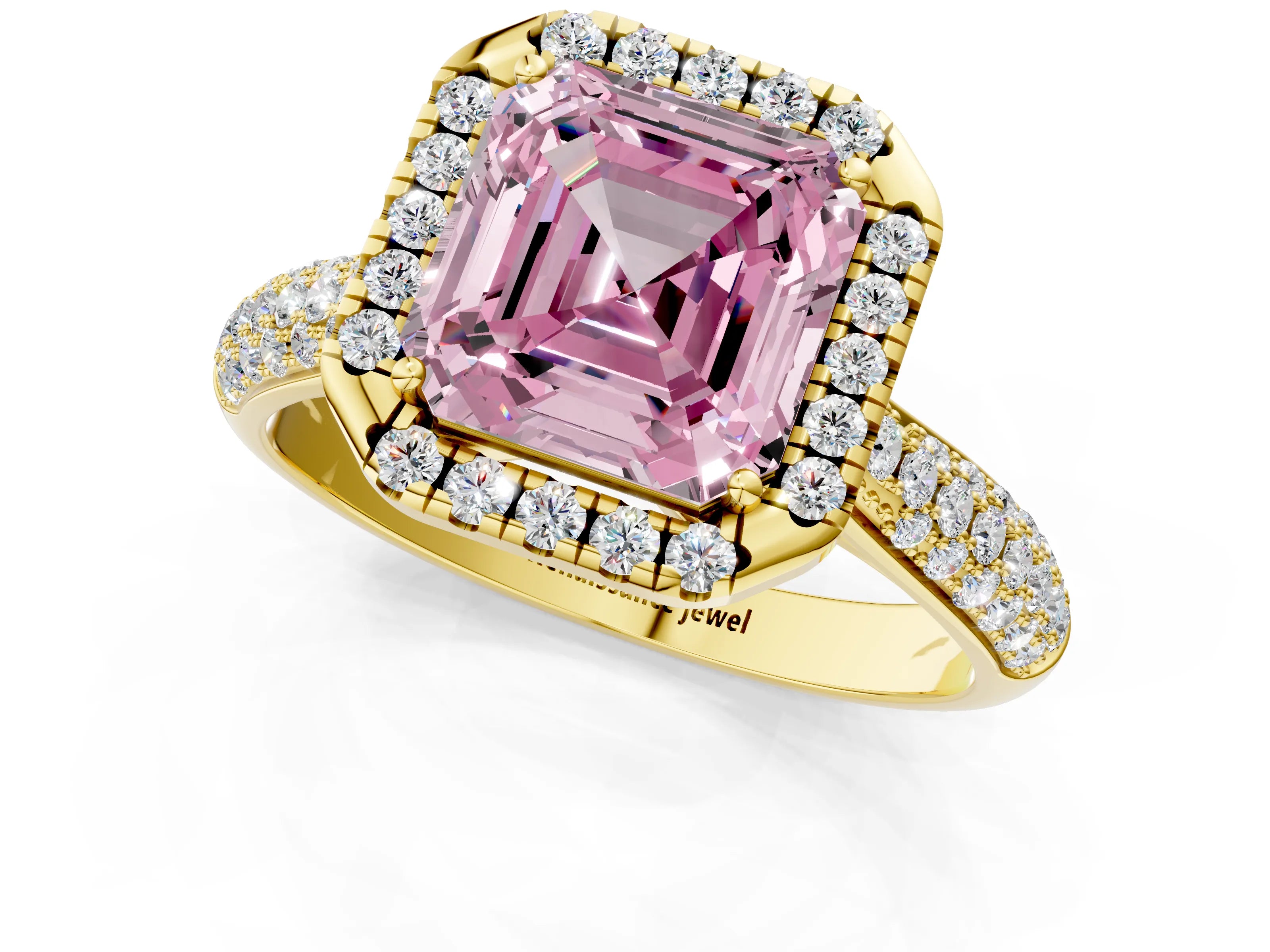 Yellow gold Fancy Pink Asscher Cut Halo Diamond Ring with Pavé Band_1