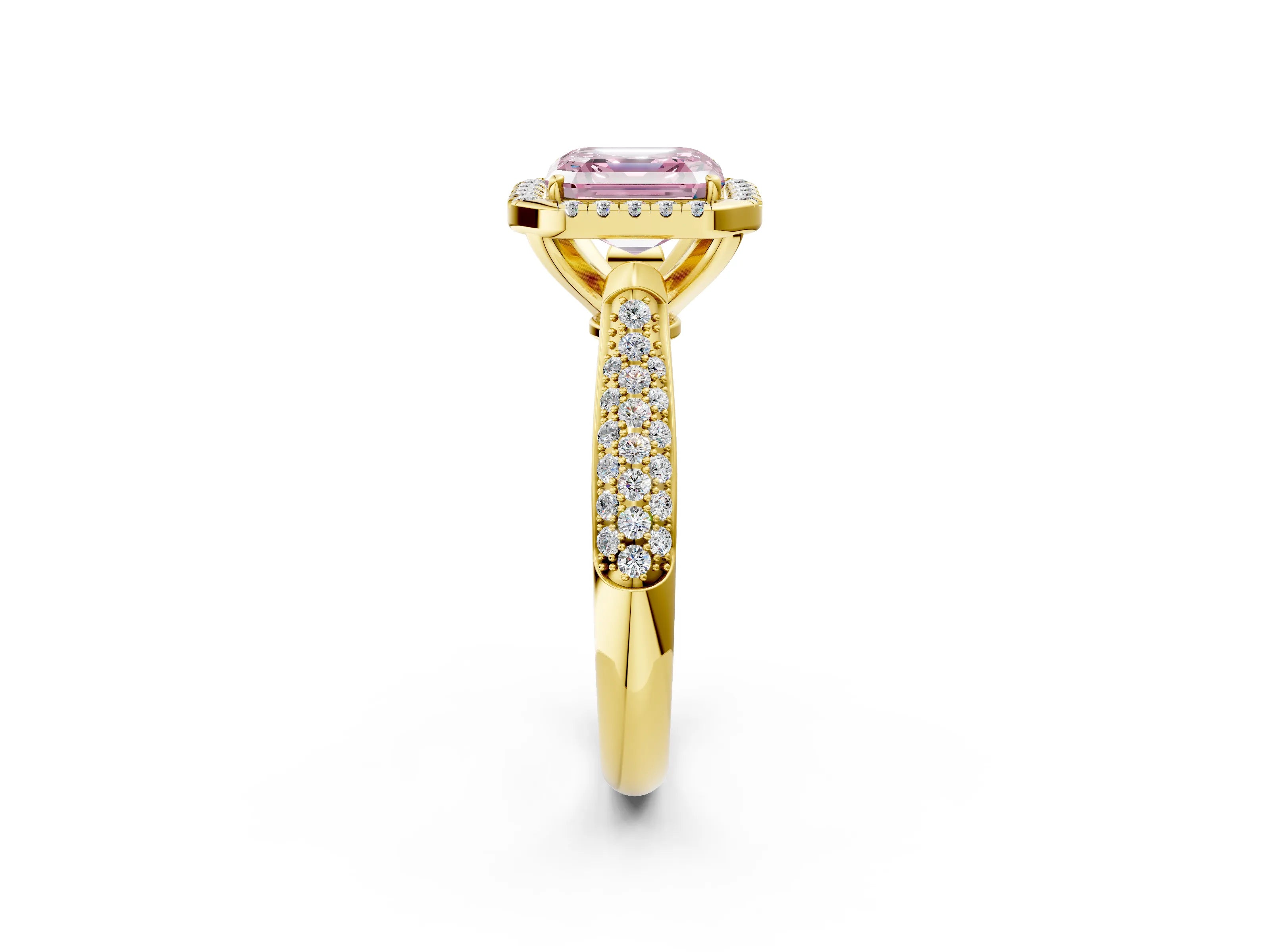 Yellow gold Fancy Pink Asscher Cut Halo Diamond Ring with Pavé Band_2