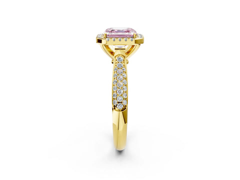 Yellow gold Fancy Pink Asscher Cut Halo Diamond Ring with Pavé Band_2