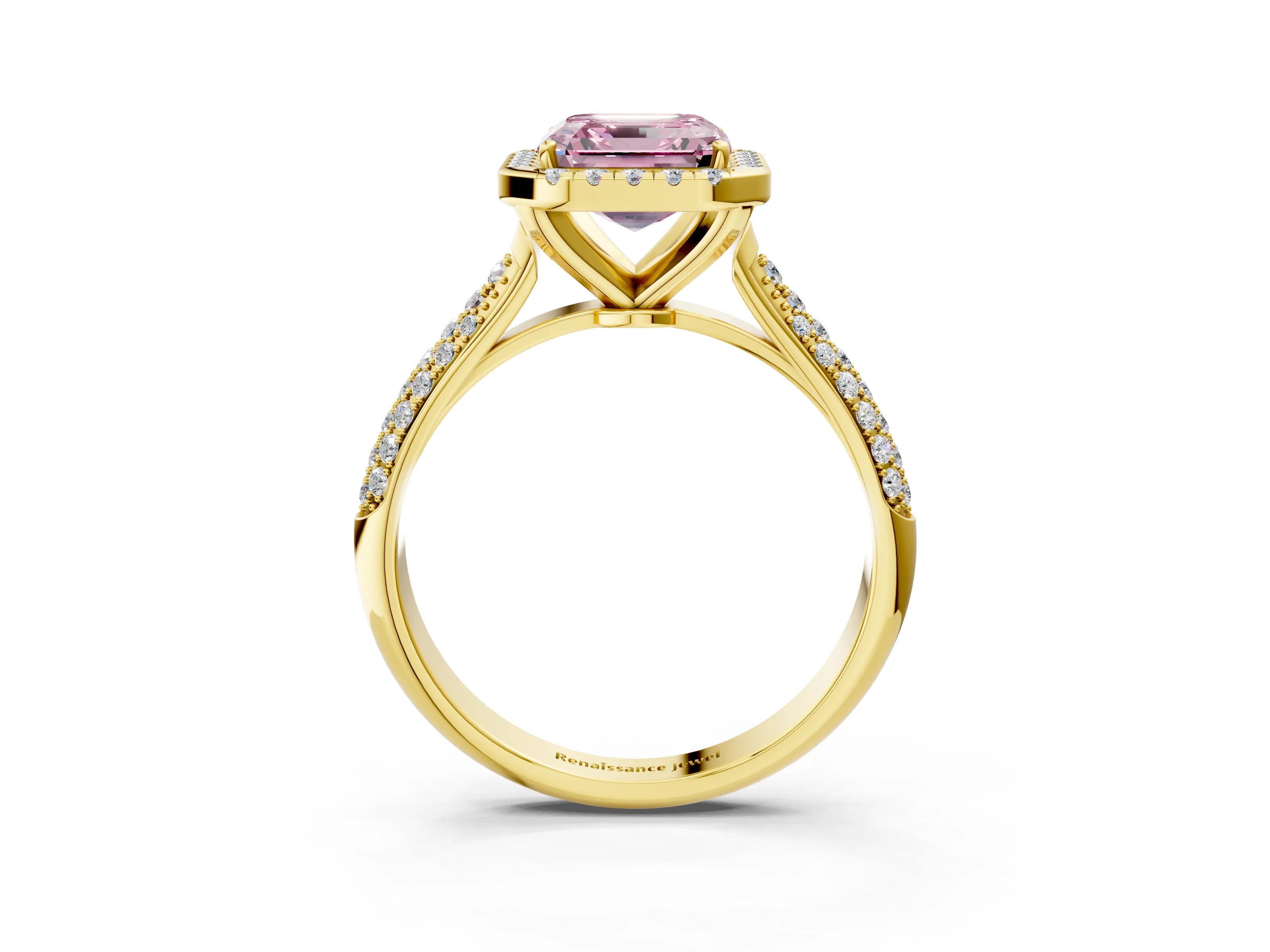 Yellow gold Fancy Pink Asscher Cut Halo Diamond Ring with Pavé Band_3