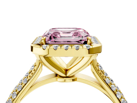 Yellow gold Fancy Pink Asscher Cut Halo Diamond Ring with Pavé Band_4