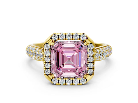 Yellow gold Fancy Pink Asscher Cut Halo Diamond Ring with Pavé Band