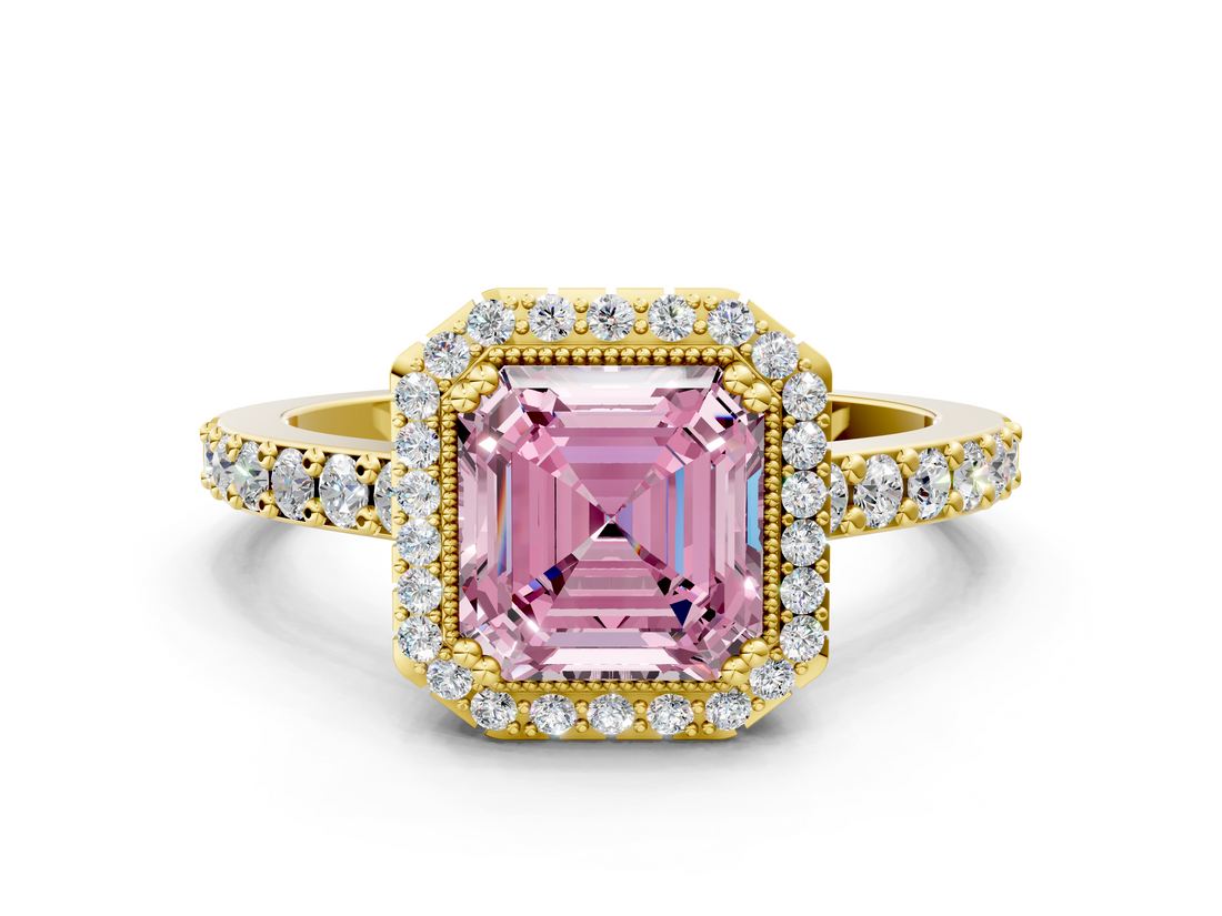Yellow gold Fancy Pink Asscher  Cut Halo Diamond Ring with Pave Band and Four-Prong Setting_17