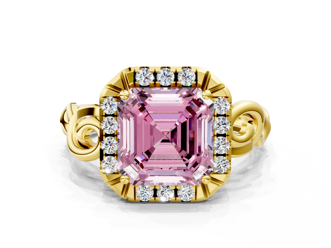 Yellow gold Fancy Pink Asscher  Cut Halo Diamond Ring with Scrollwork Band and Four-Prong Setting
