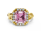 Yellow gold Fancy Pink Asscher  Cut Halo Diamond Ring with Scrollwork Band and Four-Prong Setting