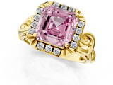 Yellow gold Fancy Pink Asscher  Cut Halo Diamond Ring with Scrollwork Band and Four-Prong Setting_1
