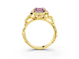 Yellow gold Fancy Pink Asscher  Cut Halo Diamond Ring with Scrollwork Band and Four-Prong Setting_3